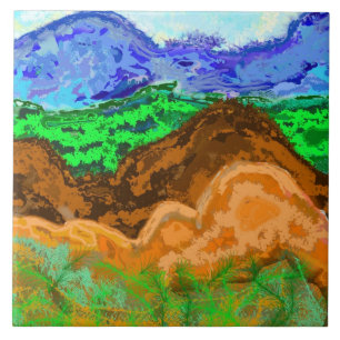 Tile with layered pattern evoking hills