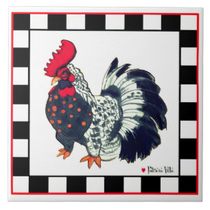 Tile with rooster art black white checks