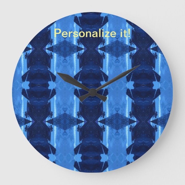 Tiled and mirrored psychedelic blue & white design large clock (Front)