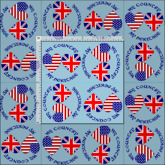 Tiled British USA Heart Flags Country Heritage  Fabric