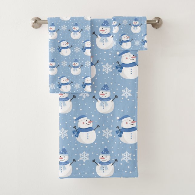 tiled festive Christmas snowman Holiday Bath Towel Set (Insitu)