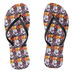 Tiled image of multi-coloured pansy blossom flip flops