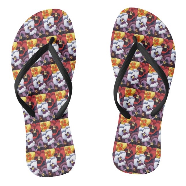 Tiled image of multi-coloured pansy blossom flip flops (Footbed)