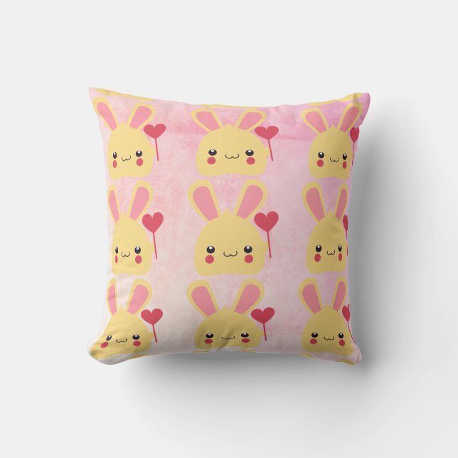Tiled Kawaii Bunny Rabbit Face with Heart Cushion (Front)