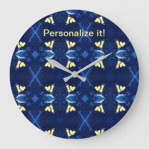 Tiled & mirrored psychedelic blues, yellow design large clock