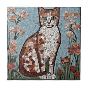 Tiled Mosaic Cat in the Flower Garden  Tile