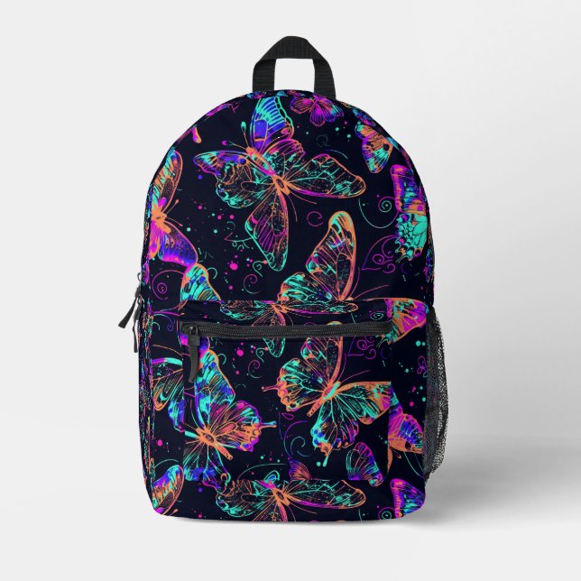 Tiled Neon Butterfly Pattern Printed Backpack (Front)