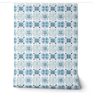 Tiled Ocean Bloom Petite - Teal, White - Coastal Wallpaper