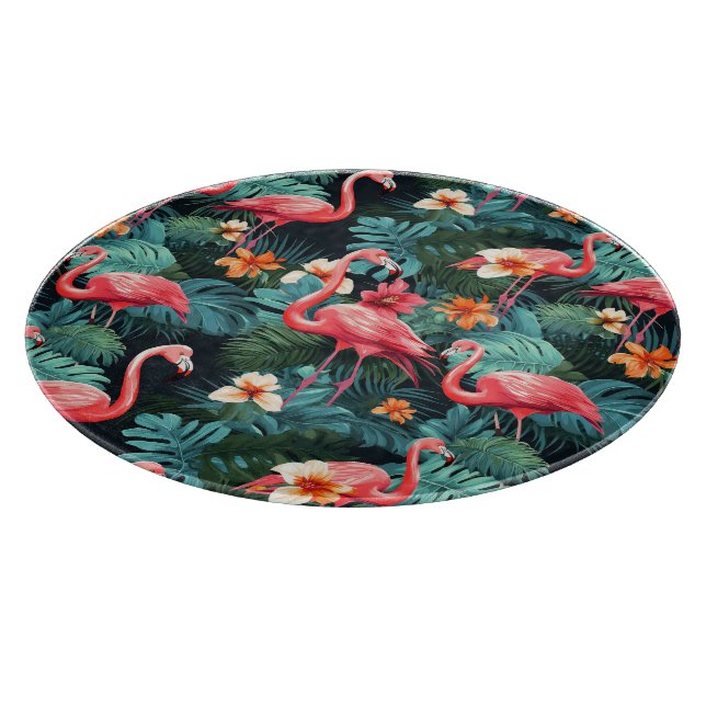 Tiled pink flamingo pattern beach house cutting board (Corner)
