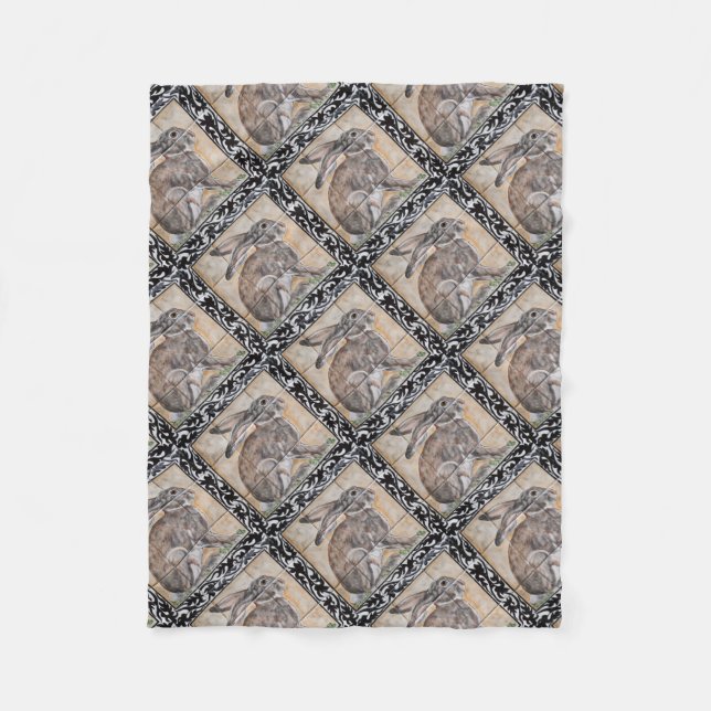 Tiled Rabbit Hare Black Scrolled Border Home Decor Fleece Blanket (Front)
