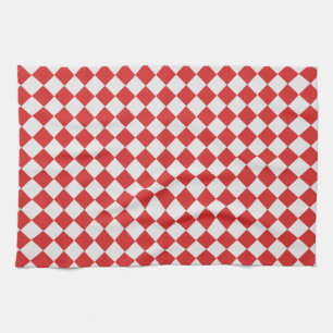 Tiled Red and White Diagonal Woven Pattern Tea Towel
