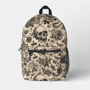Tiled Skull and Flower Tattoo Pattern Printed Backpack