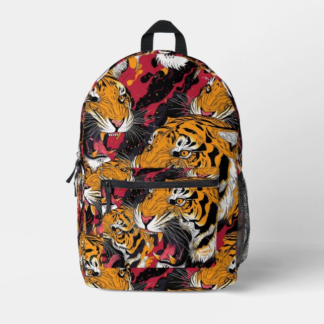 Tiled Snarling Tiger Pattern Printed Backpack (Front)