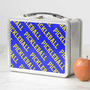 Tiled Yellow Slant Pickleball Text On Bright Blue Metal Lunch Box