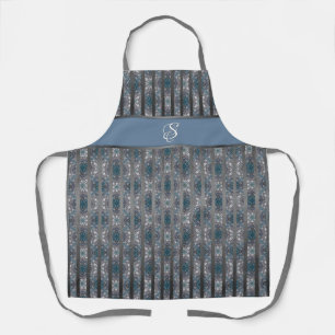 Tiles and Grey Stripes in Shades of Teal Monogram Apron