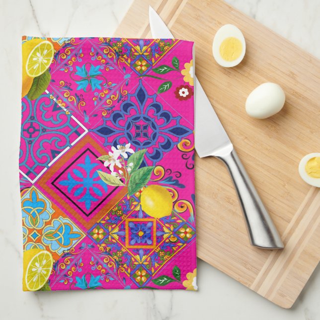 Tiles,mosaic,azulejo,lemons ,Citrus ,majolica,   Tea Towel (Quarter Fold)