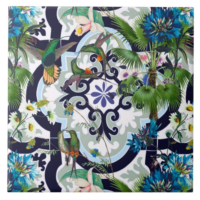 Tiles,tropical, flowers,birds,hummingbird,   tile (Front)