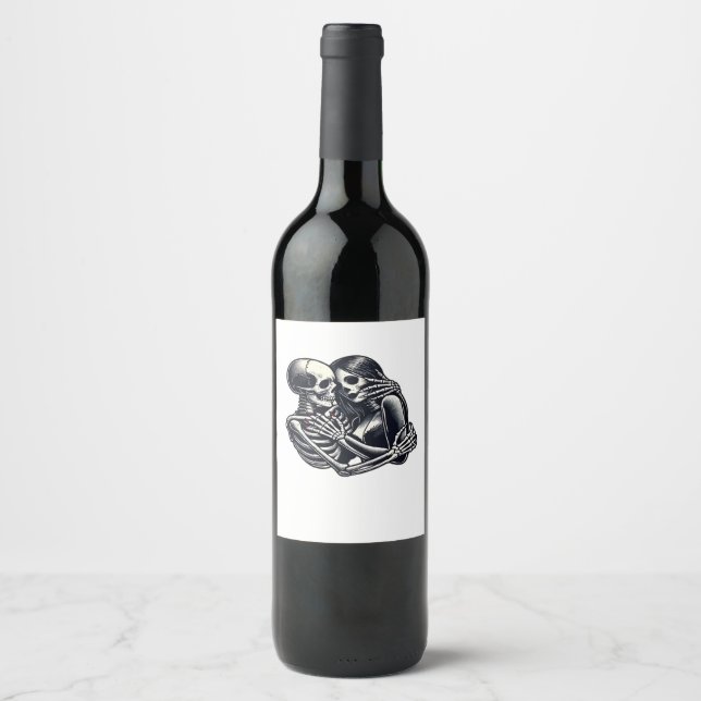 Till Death Do Us - Gothic Skeleton Couple Art Clas Wine Label (Front)