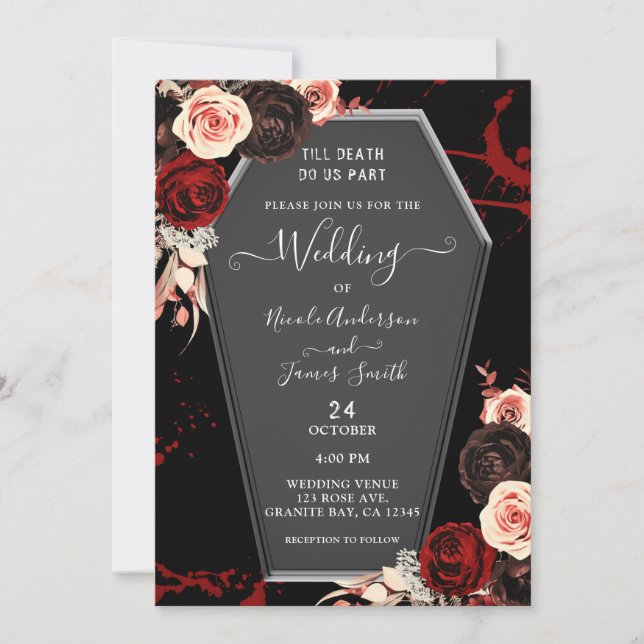Till Death Do Us Part Coffin Floral Gothic Wedding Invitation (Front)