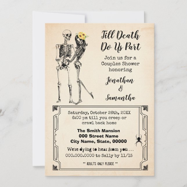 Till death do us part couples shower skeletons invitation (Front)