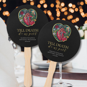 Till Death Do Us Part Goth Heart Halloween Gold Hand Fan