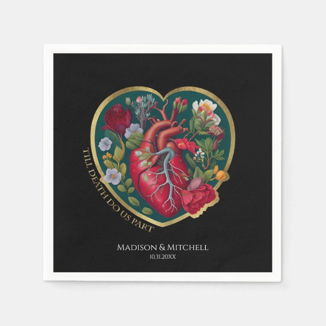 Till Death Do Us Part Goth Heart Halloween Gold Napkin (Front)