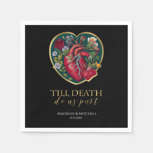 Till Death Do Us Part Goth Heart Halloween Gold Napkin (Front)