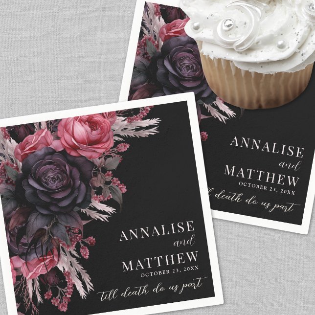 Till Death Do Us Part Gothic Black Floral Wedding Napkin (Till Death Do Us Part Gothic Black Floral Wedding Napkins)
