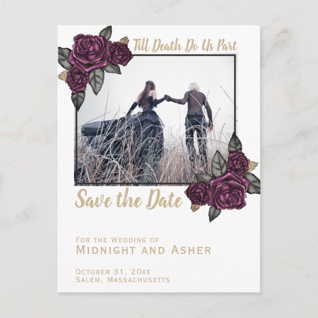 Till Death Do Us Part Gothic Rose Save the Date Announcement Postcard (Front)