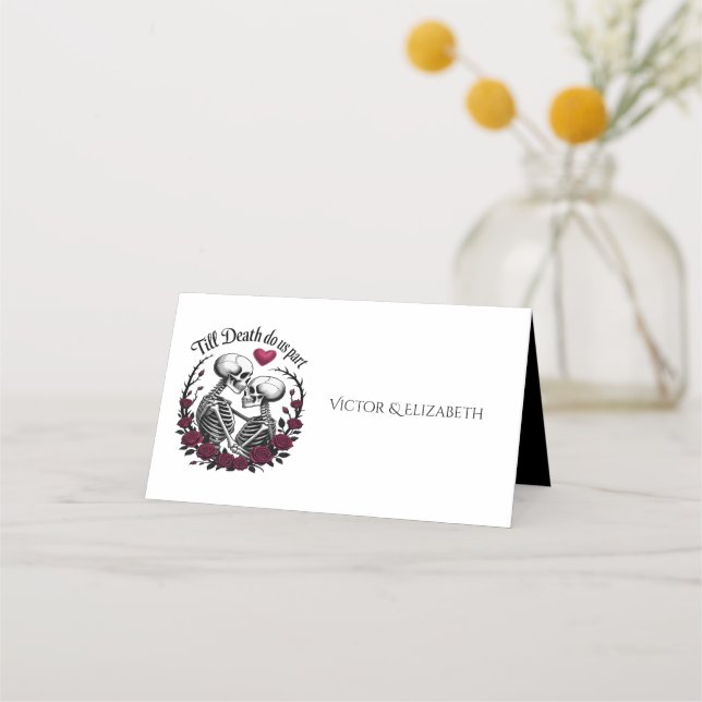 Till Death Do Us Part Gothic Skeleton  Red Rose Place Card (Front)