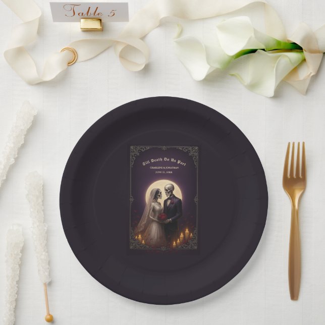 Till Death Do Us Part Gothic Skeletons Wedding Paper Plate (Wedding)