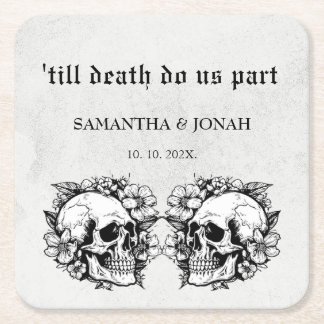till death do us part Gothic Skulls Wedding Favour Square Paper Coaster