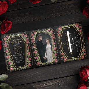 Till Death Do Us Part Rose Black Gothic Wedding Tri-Fold Invitation