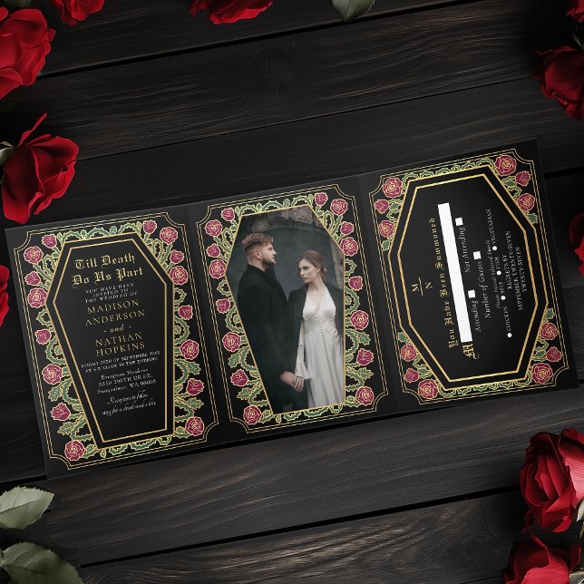 Till Death Do Us Part Rose Black Gothic Wedding Tri-Fold Invitation (Creator Uploaded)