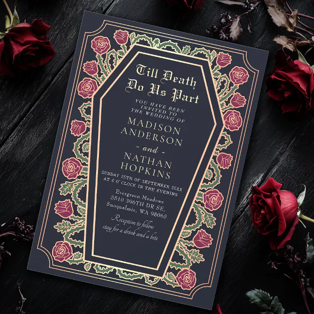 Till Death Do Us Part Rose Blue Gothic Wedding Invitation | Zazzle
