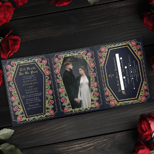 Till Death Do Us Part Rose Blue Gothic Wedding Tri-Fold Invitation