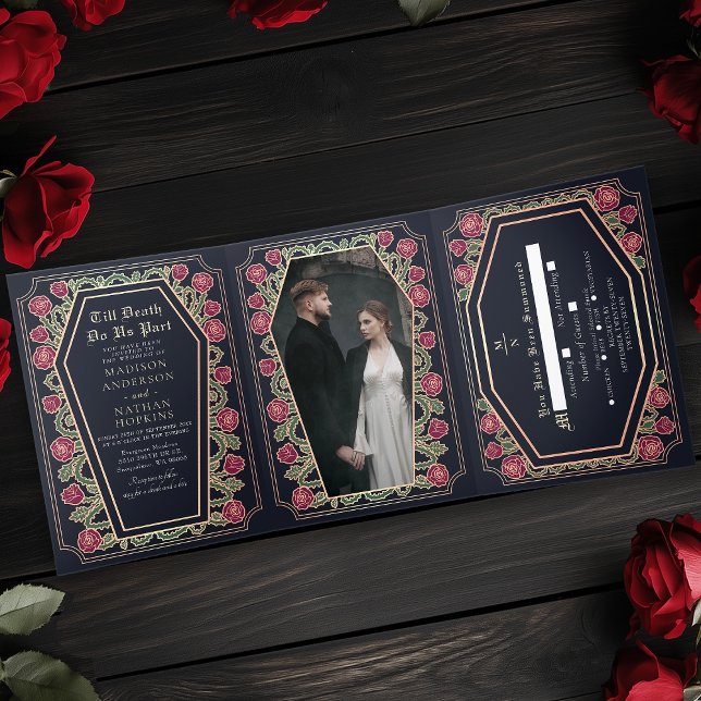 Till Death Do Us Part Rose Blue Gothic Wedding Tri-Fold Invitation (Creator Uploaded)