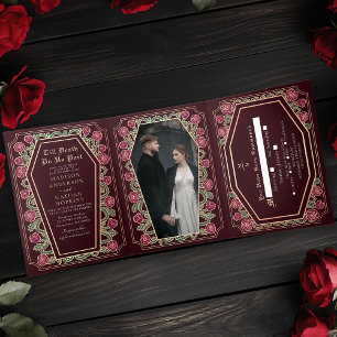 Till Death Do Us Part Rose Red Gothic Wedding Tri-Fold Invitation