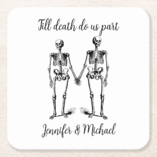 Till death do us part Skeleton Couple Name Black Square Paper Coaster