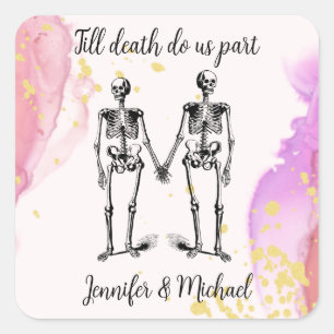 Till death do us part Skeleton Couple Name blush   Square Sticker