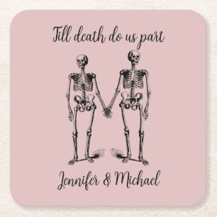 Till death do us part Skeleton Couple Name Rose Square Paper Coaster