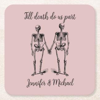 Till death do us part Skeleton Couple Name Rose Square Paper Coaster