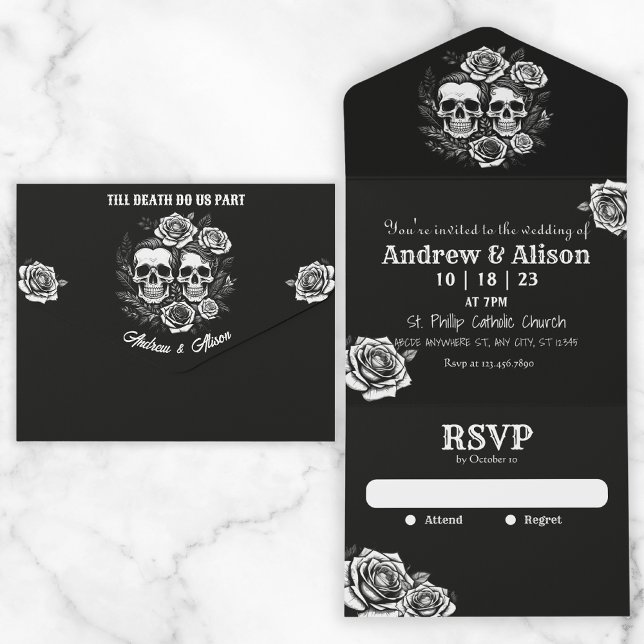 Till death Do us part skull couple roses All In One Invitation (Creator Uploaded)