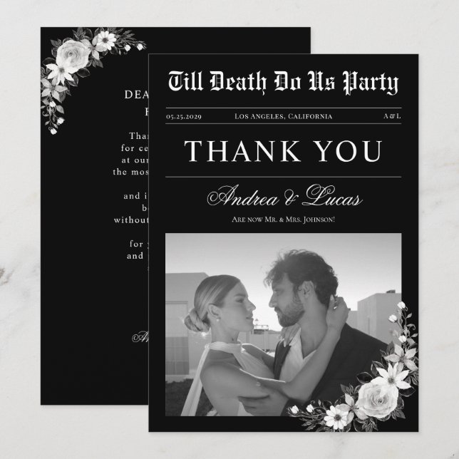 Till Death Do Us Party Black Gothic Goth Wedding Thank You Card (Front/Back)