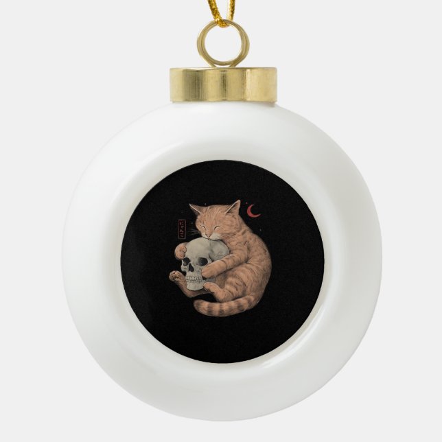 Till Death Do Us Party Cat Skull Classic Ceramic Ball Christmas Ornament (Front)