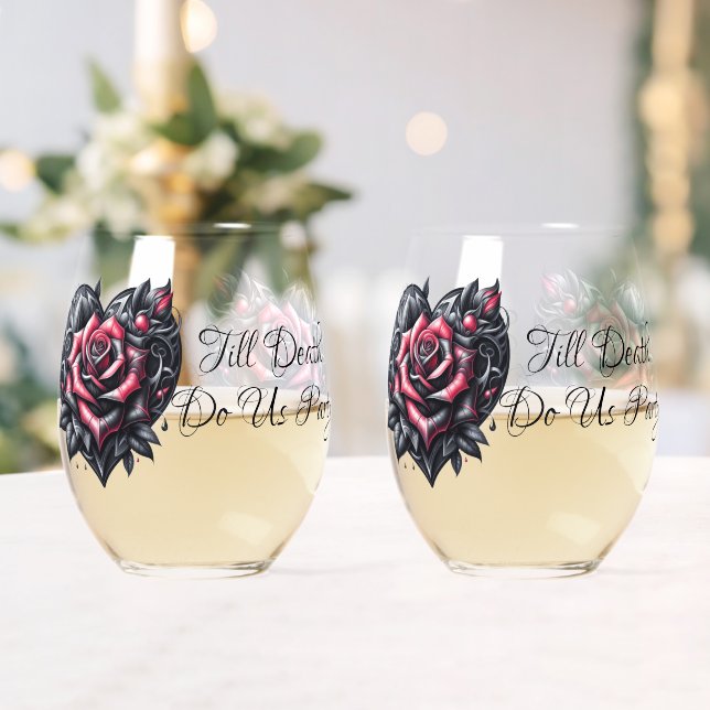 Till Death Do Us Party Gothic Black and Red Rose Stemless Wine Glass (Insitu (Wedding))