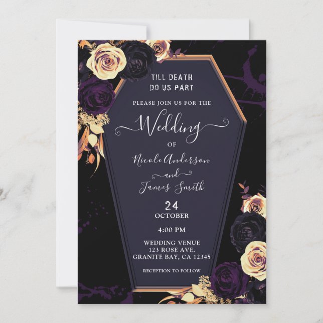 Till Death Do Us Purple Coffin Gothic Wedding Invitation (Front)