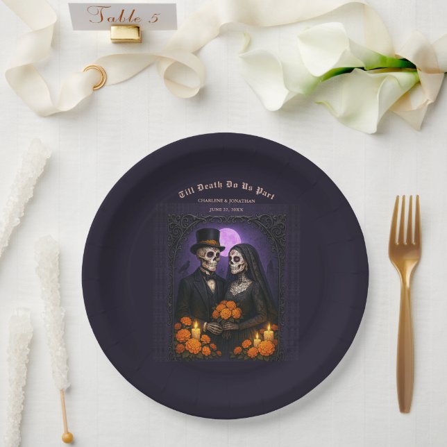 Till Death Do Us Sugar Skull Skeletons Wedding Paper Plate (Wedding)