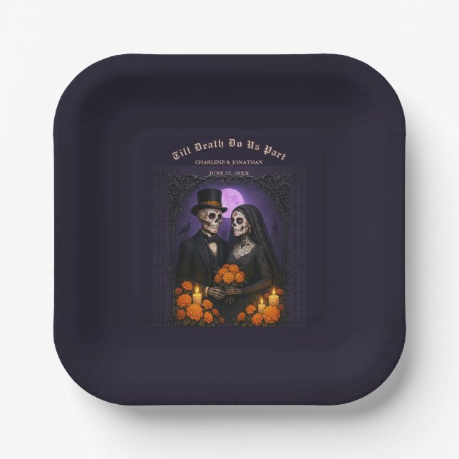 Till Death Do Us Sugar Skull Skeletons Wedding Paper Plate (Front)