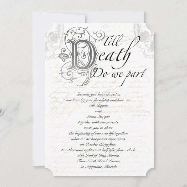 Till Death Do We Part Skull Script Wedding Invitation (Front)